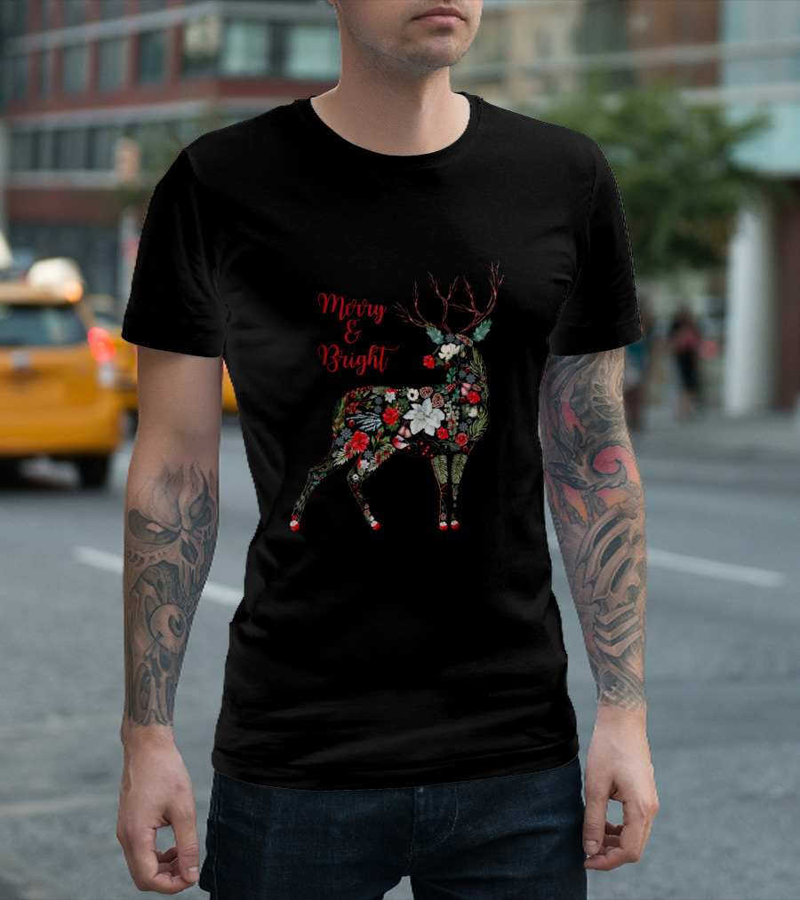 Merry And Bright Botanical Christmas Reindeer T-Shirt