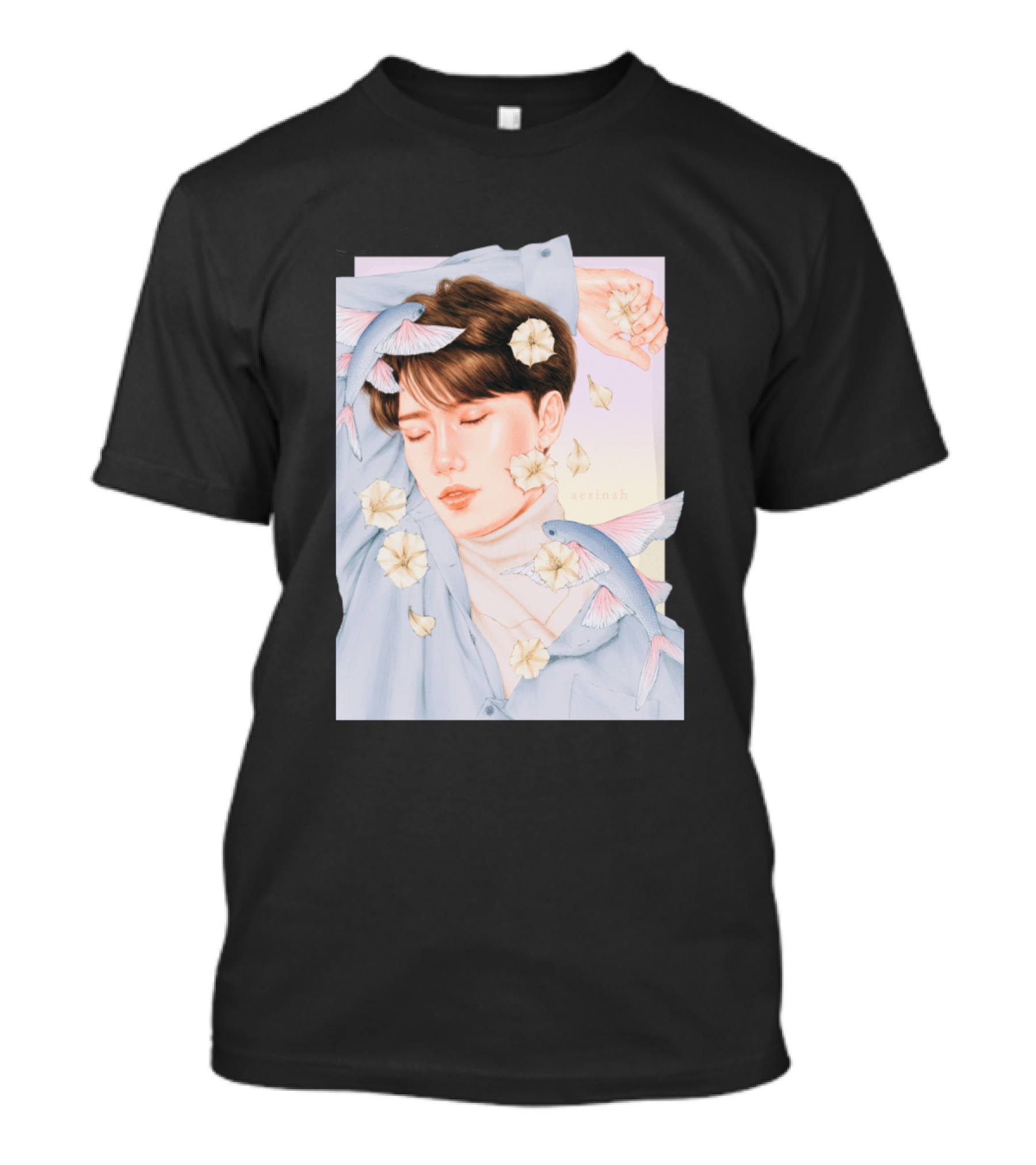 Moonflower Illustration With Pastel Flying Fish And Sleeping Figure T-Shirt