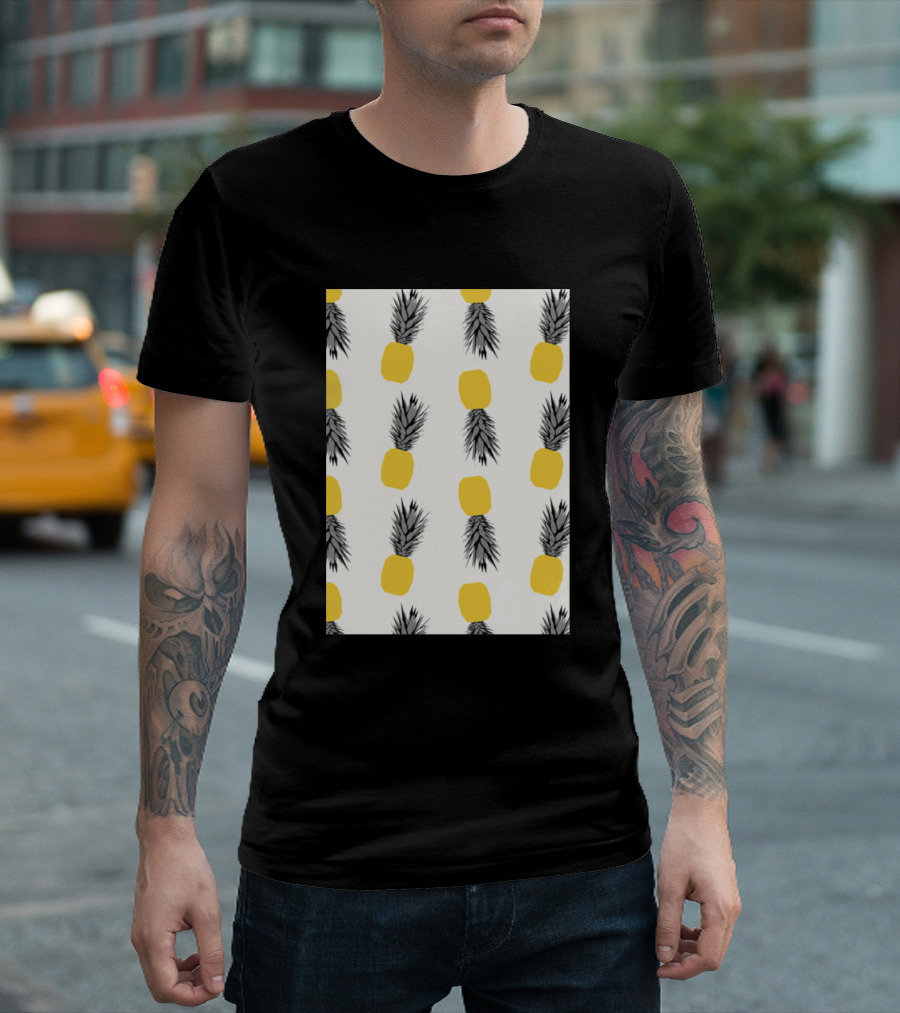 Pineapple Fruit Repeat Pattern Black and Yellow T-Shirt