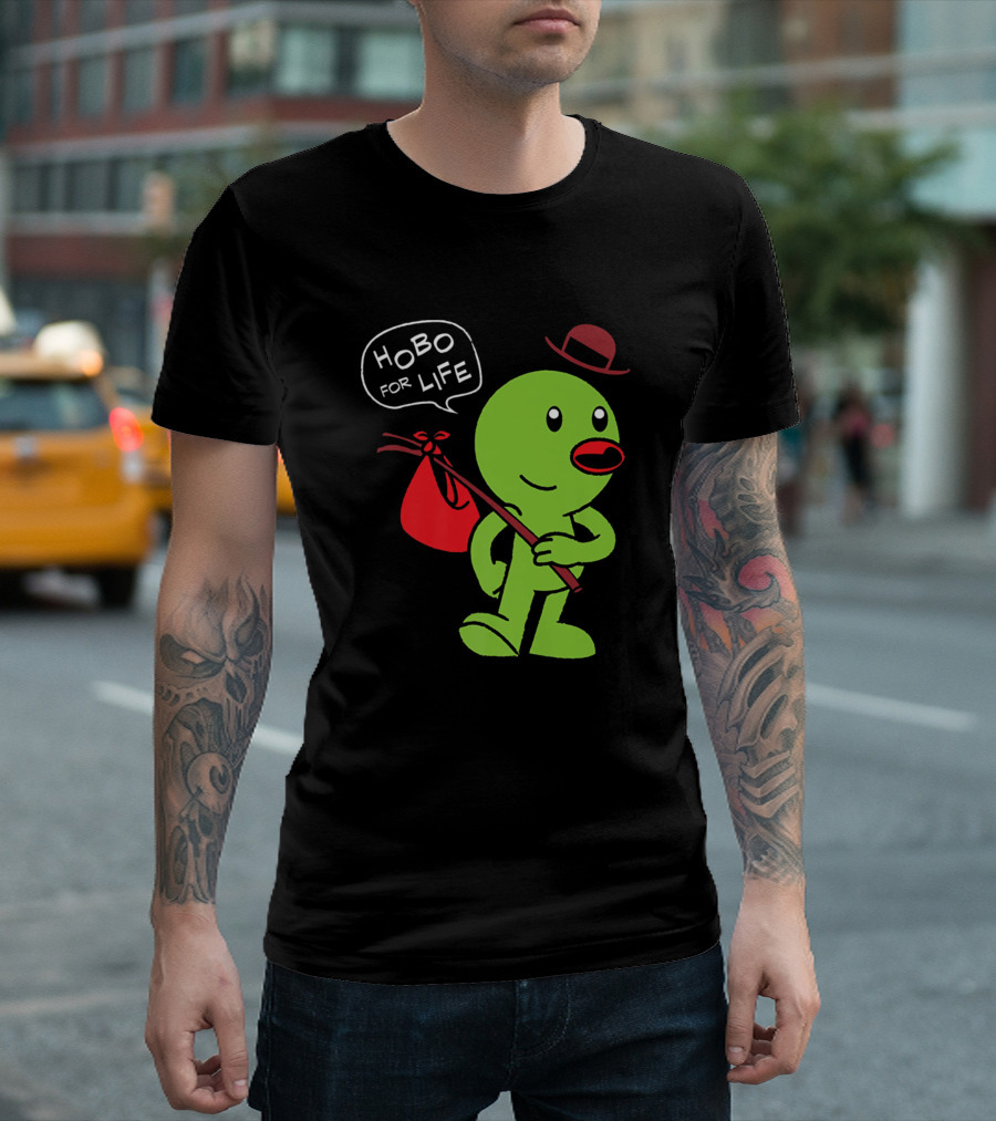 Hobo For Life Green Character with Red Bindle and Bowler Hat T-Shirt