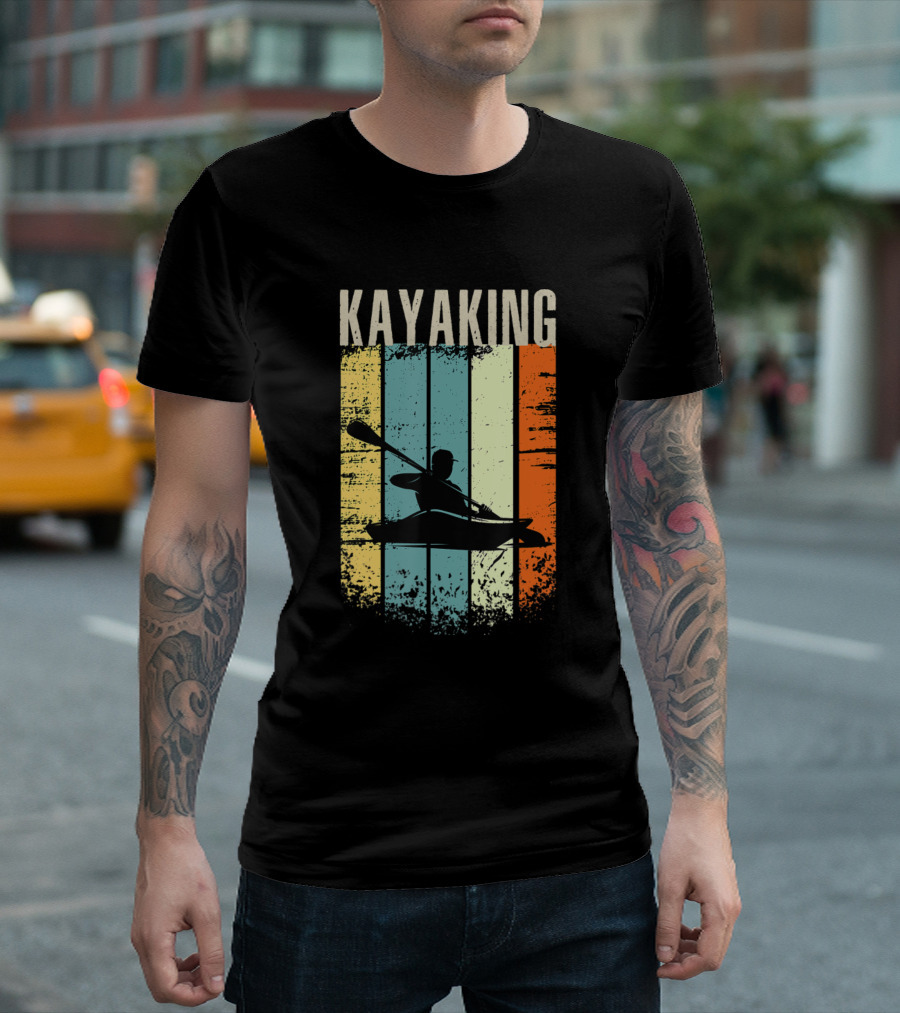Retro Vintage Kayaking Silhouette Color Stripes T-Shirt
