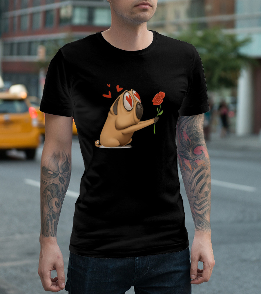 Romantic Dog Hearts and Rose Love Pug T-Shirt