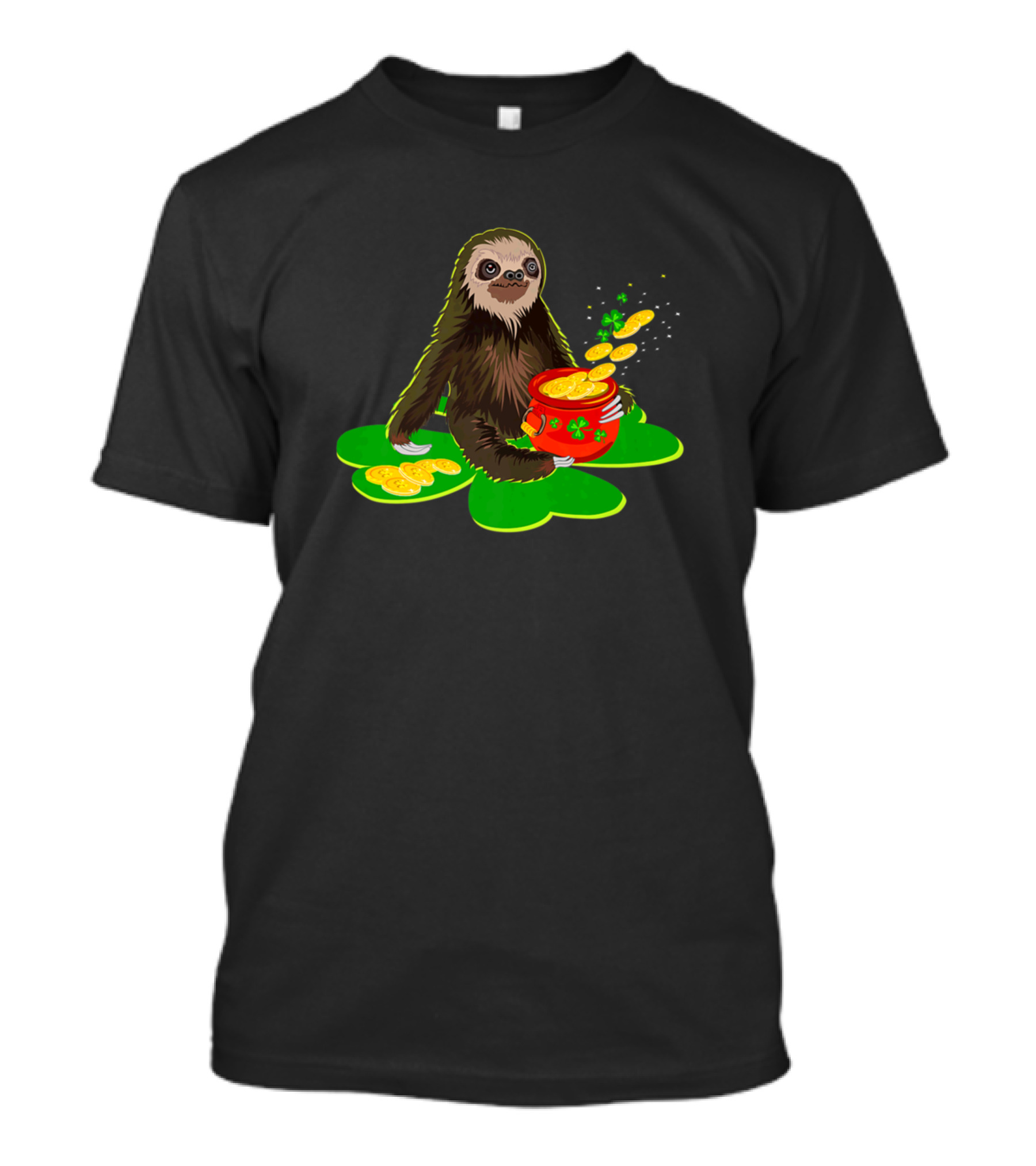 Sloth On Shamrock With St Patrick Day Coin Pot And Leprechaun Gold T-Shirt