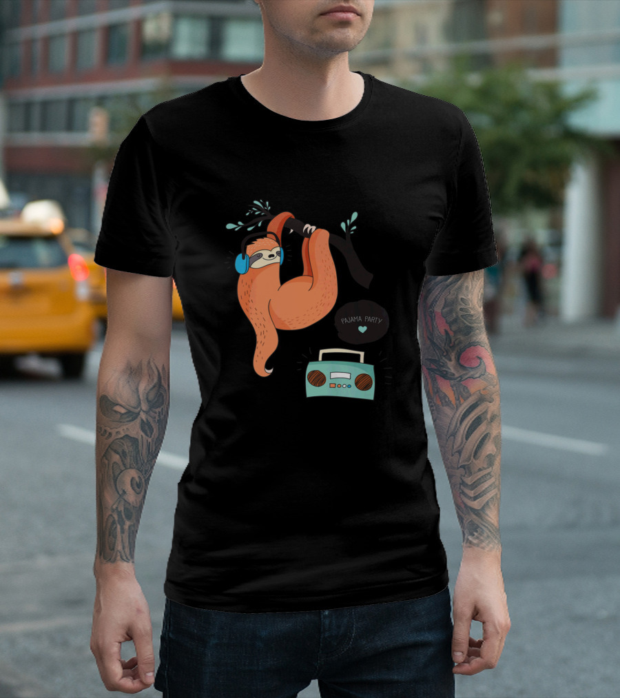 Pajama Party Sloth Lover With Radio And Headphones T-Shirt