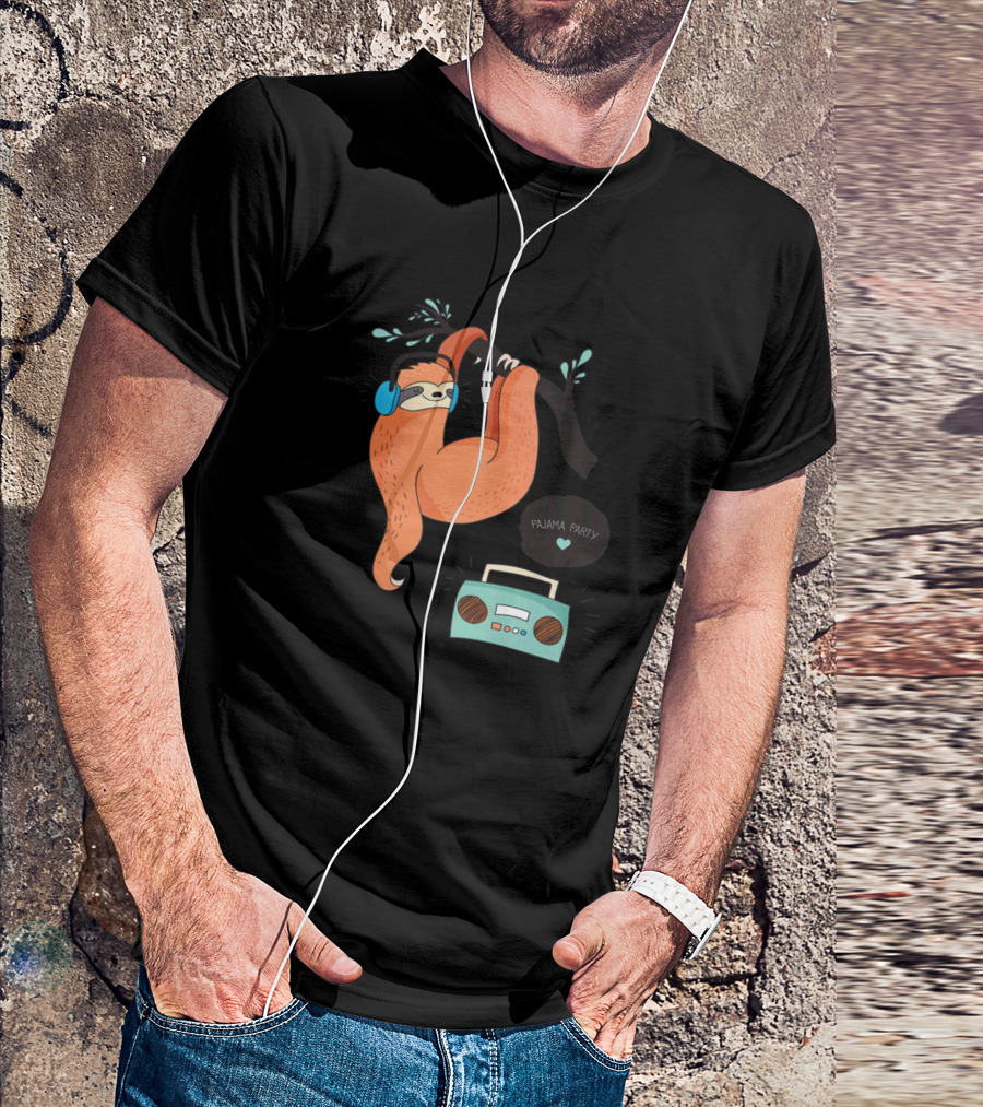 Pajama Party Sloth Lover With Radio And Headphones T-Shirt