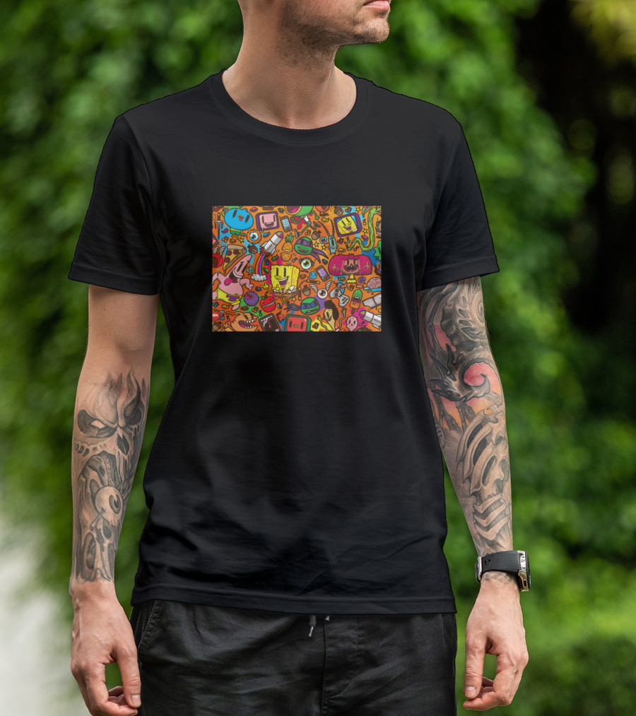 SpongeBob Doodle Collage Funny Faces Patrick Jellyfish Krabby Patty Vibrant Chaos T-Shirt