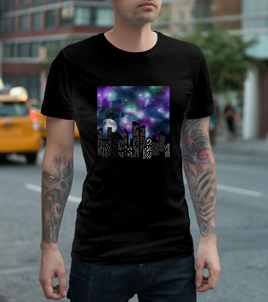 Trendy City Skylines Under Cosmic Night Sky T-Shirt