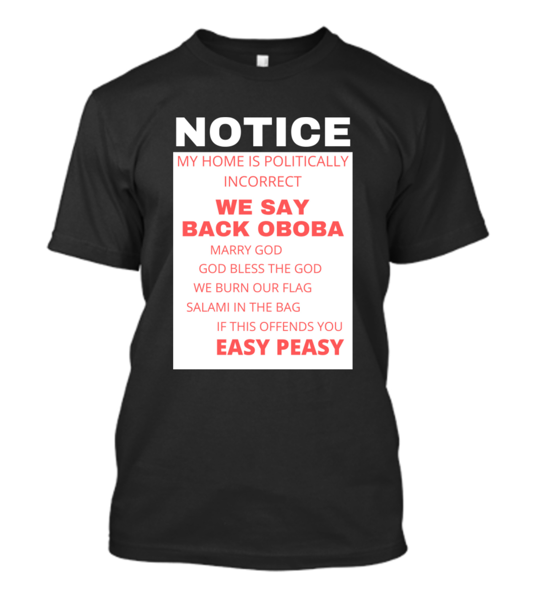 NOTICE My Home Is Politically Incorrect We Say Back Oboba Marry God God Bless The God We Burn Our Flag Salami In The Bag If This Offends You Easy Peasy T-Shirt