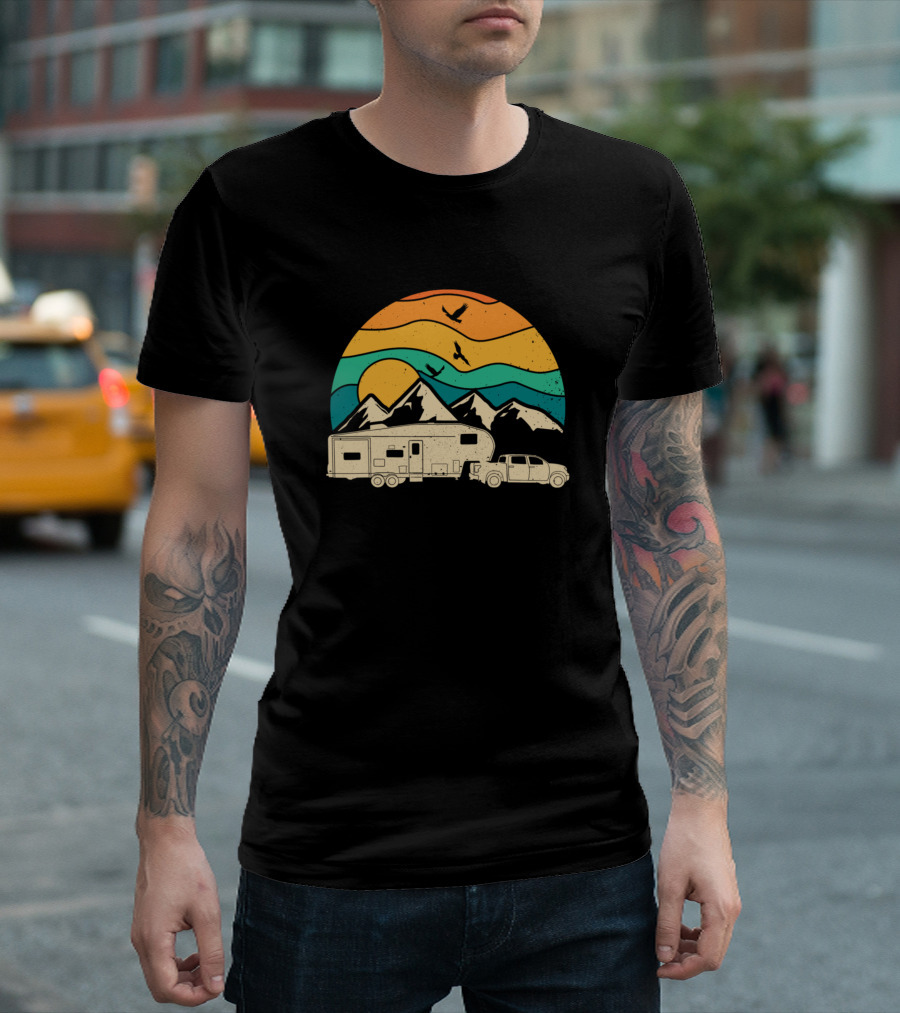 Camper Van Adventure with Mountain Sunset and Birds T-Shirt