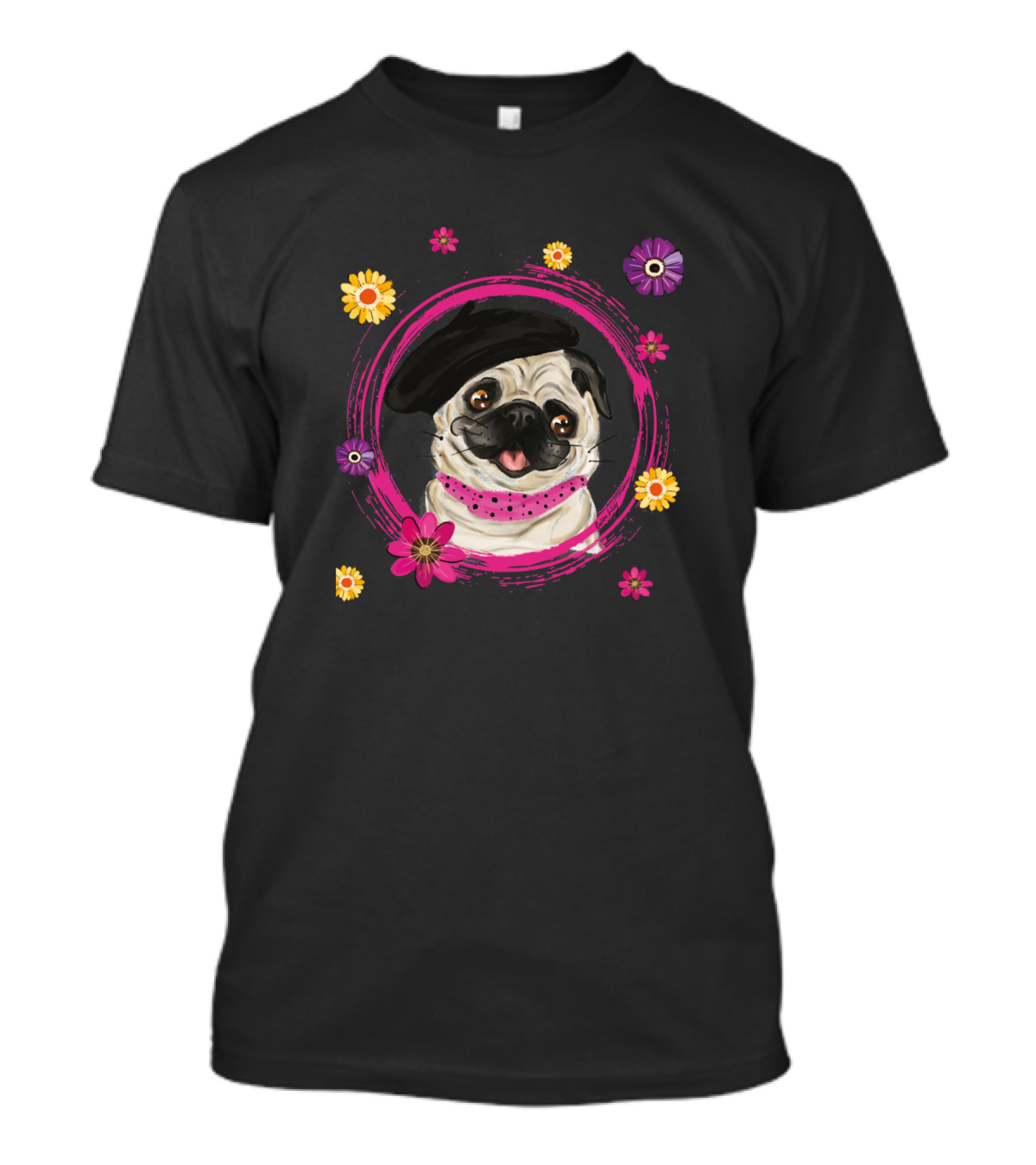 Romantic Pug Dog With Beret And Flowers T-Shirt