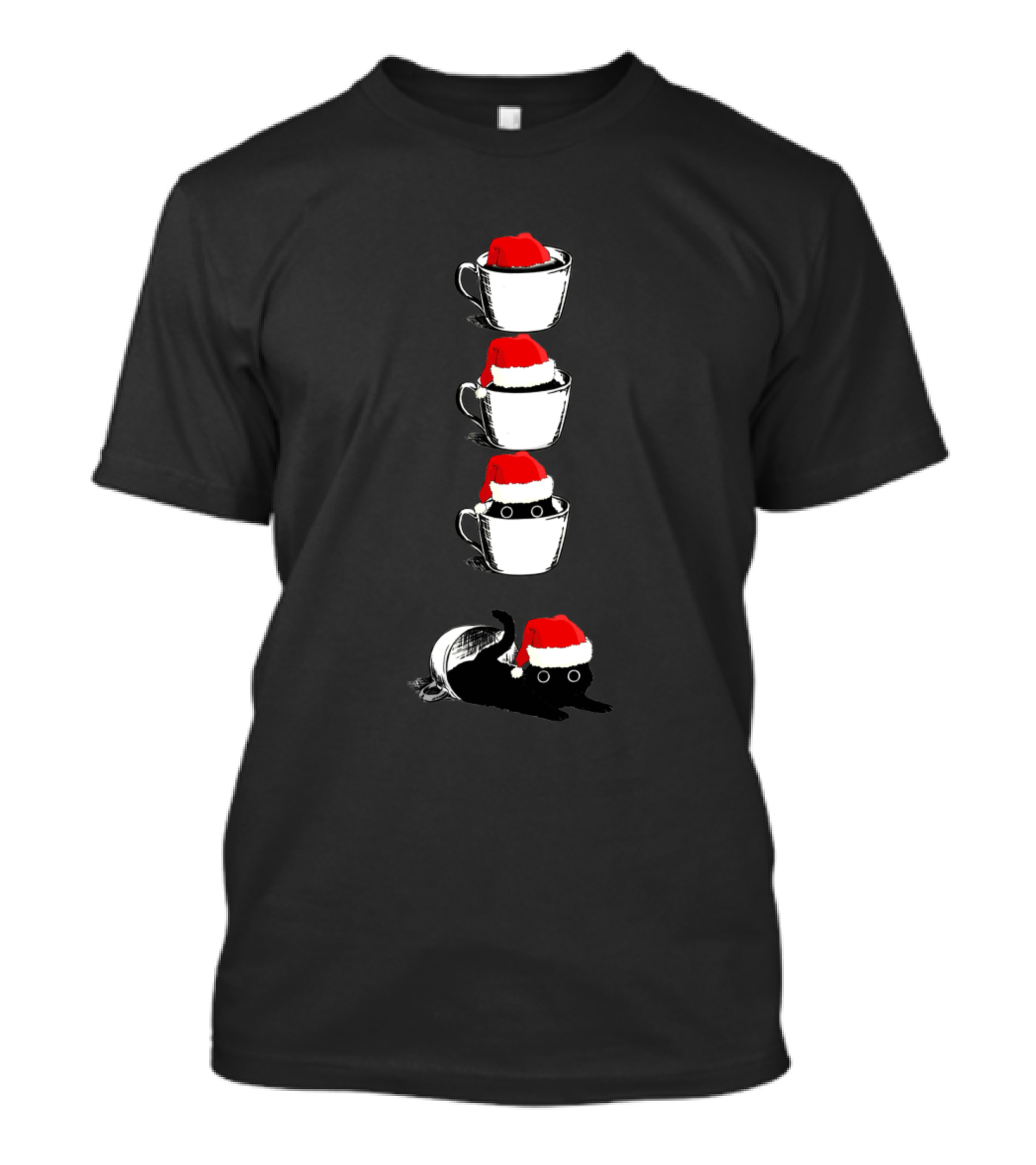 Four Black Cat Santa Hat In Mug Stack Christmas Humor T-Shirt