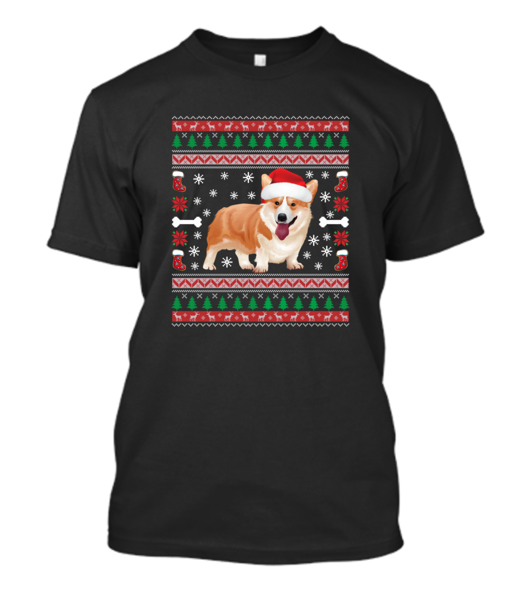 Funny Corgi Santa Hat Ugly Christmas Sweater Pattern With Dog Bones And Snowflakes T-Shirt