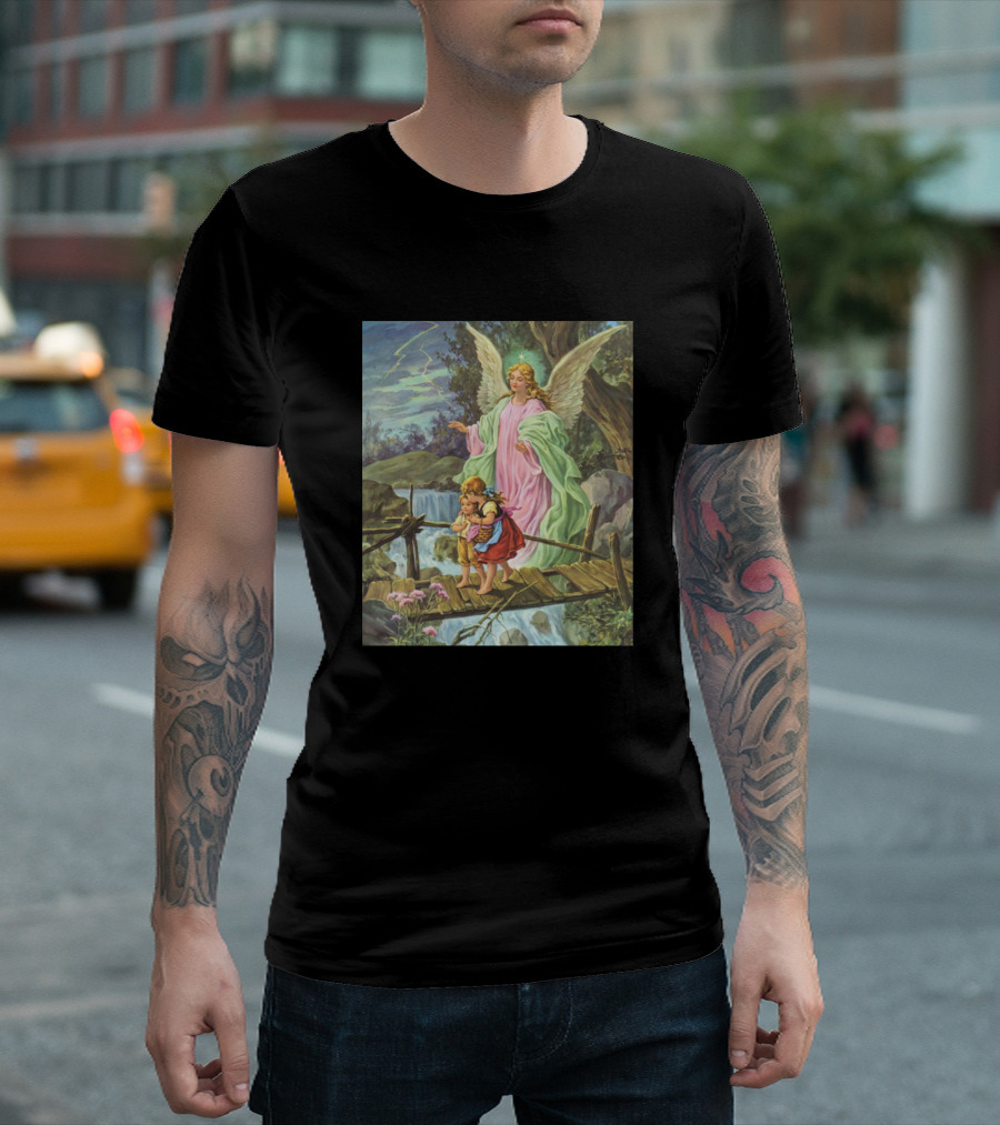 Guardian Angel Protecting Children on Wooden Bridge Over Stream T-Shirt