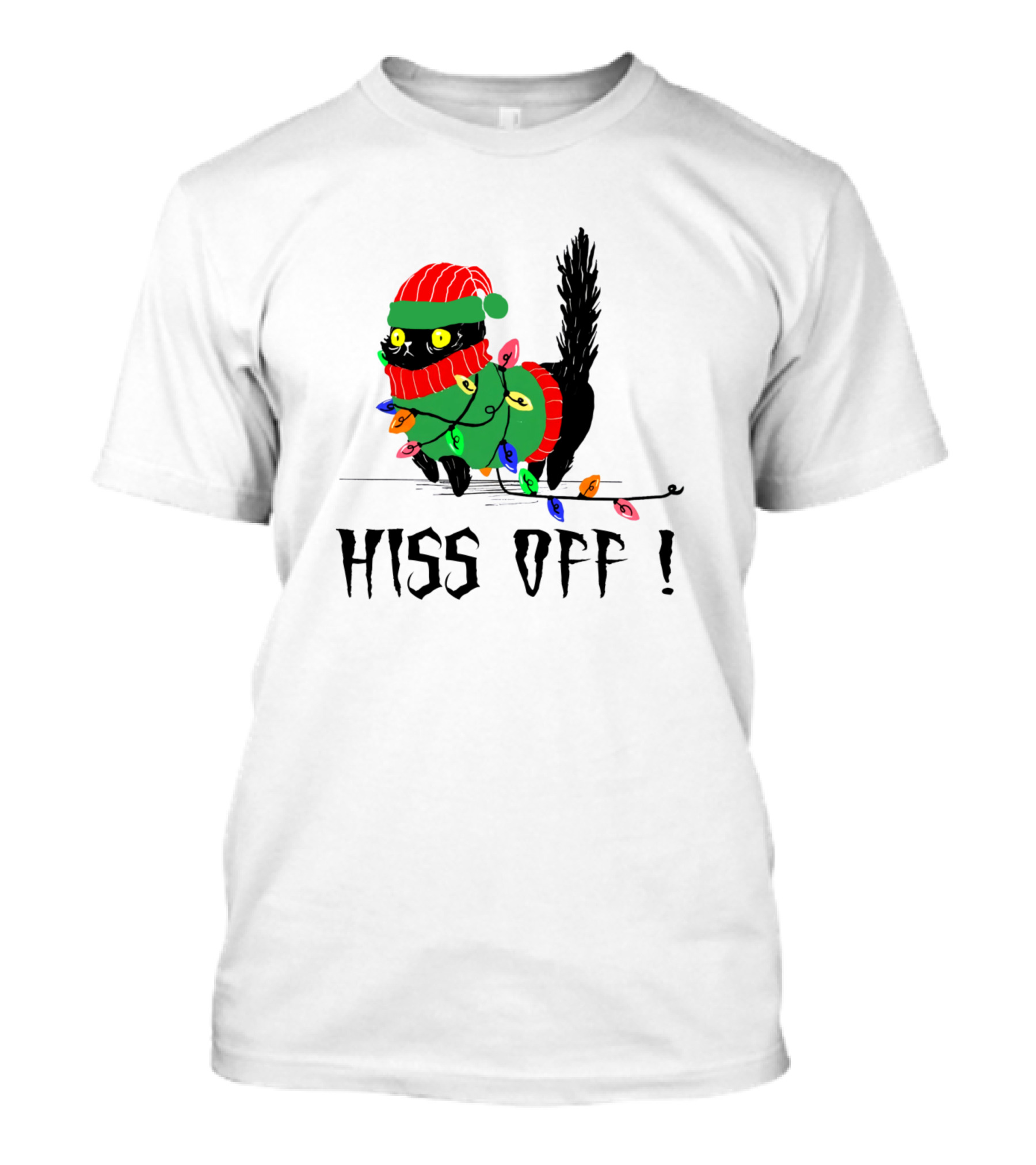 Hiss Off Black Cat Christmas Lights Festive Green Sweater Red Hat T-Shirt