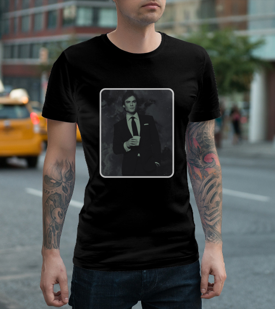 Ian Somerhalder Black Suit Coffee Sky Background T-Shirt
