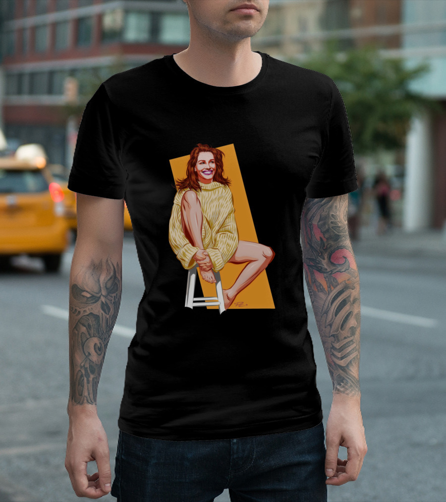 Julia Roberts Illustration By Paul Cemmick In Cozy Yellow Sweater Pose T-Shirt