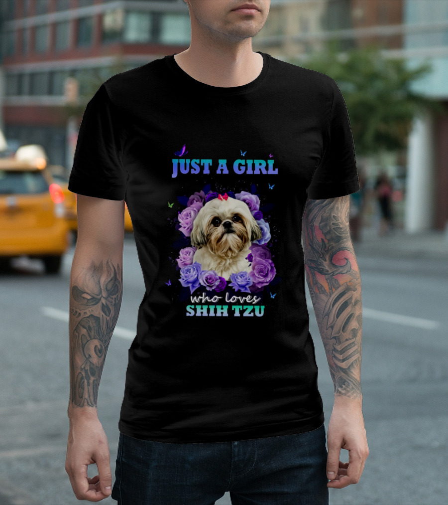 Just A Girl Who Loves Shih Tzu Surrounded By Purple Roses And Butterflies T-Shirt