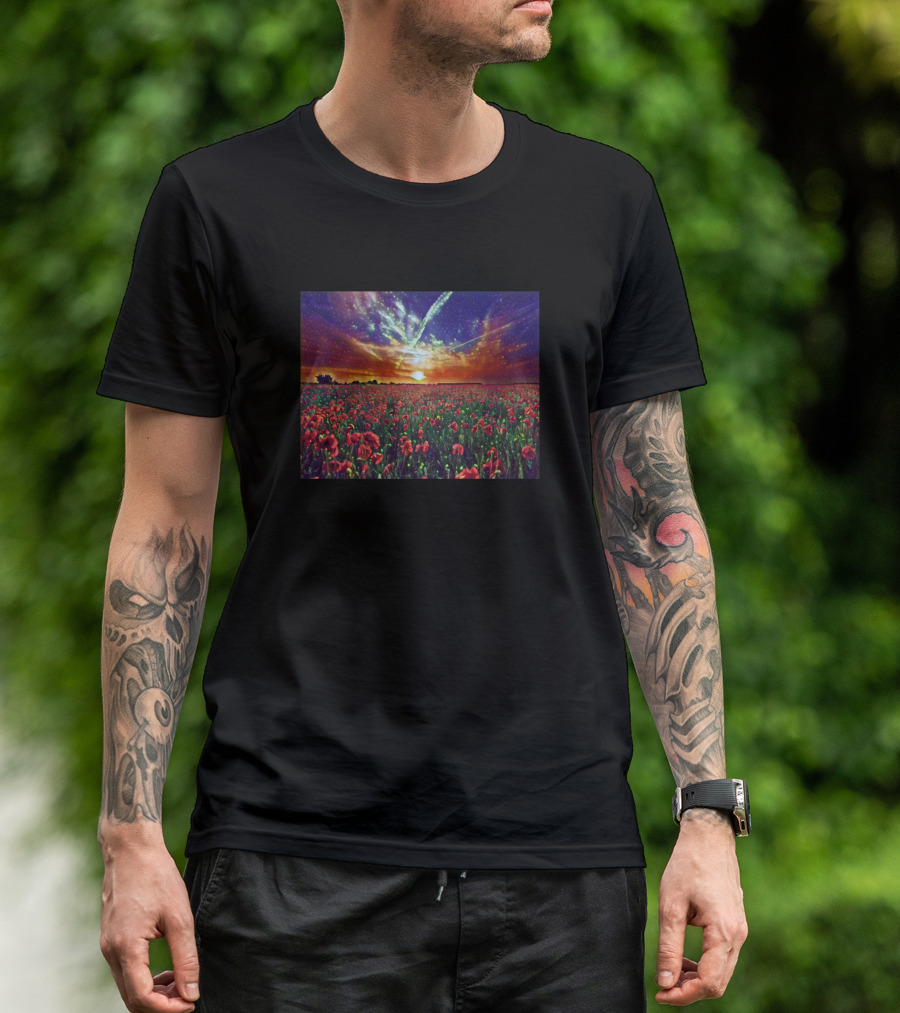 Majestic Flower Field Digital Celestial Sunset T-Shirt