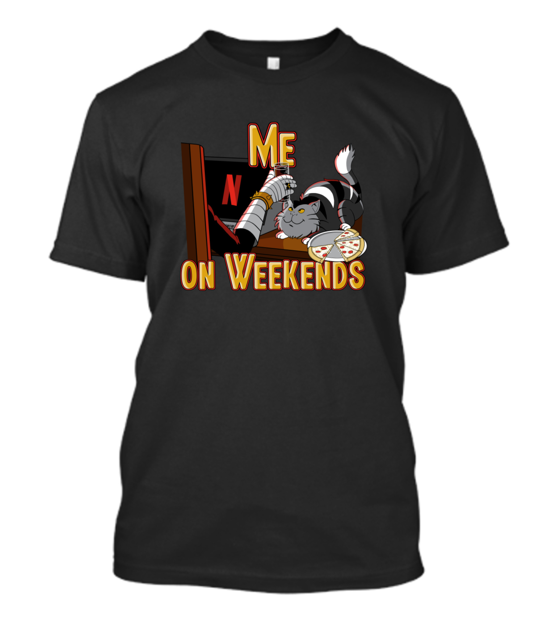 Me On Weekends Netflix Cat Robot Hand Pizza T-Shirt