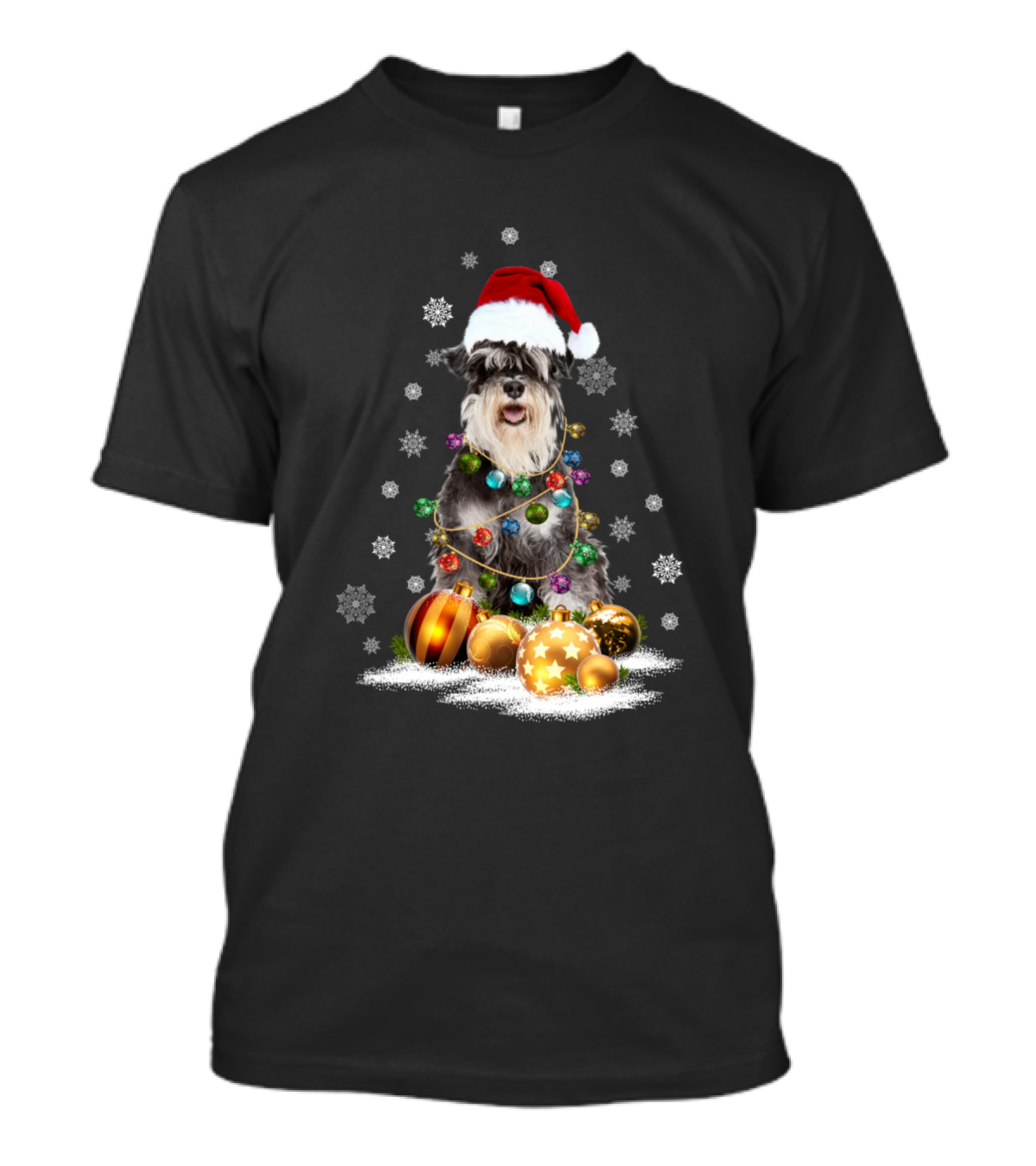 Merry Christmas Miniature Schnauzer Santa Hat Snowflakes Ornaments T-Shirt