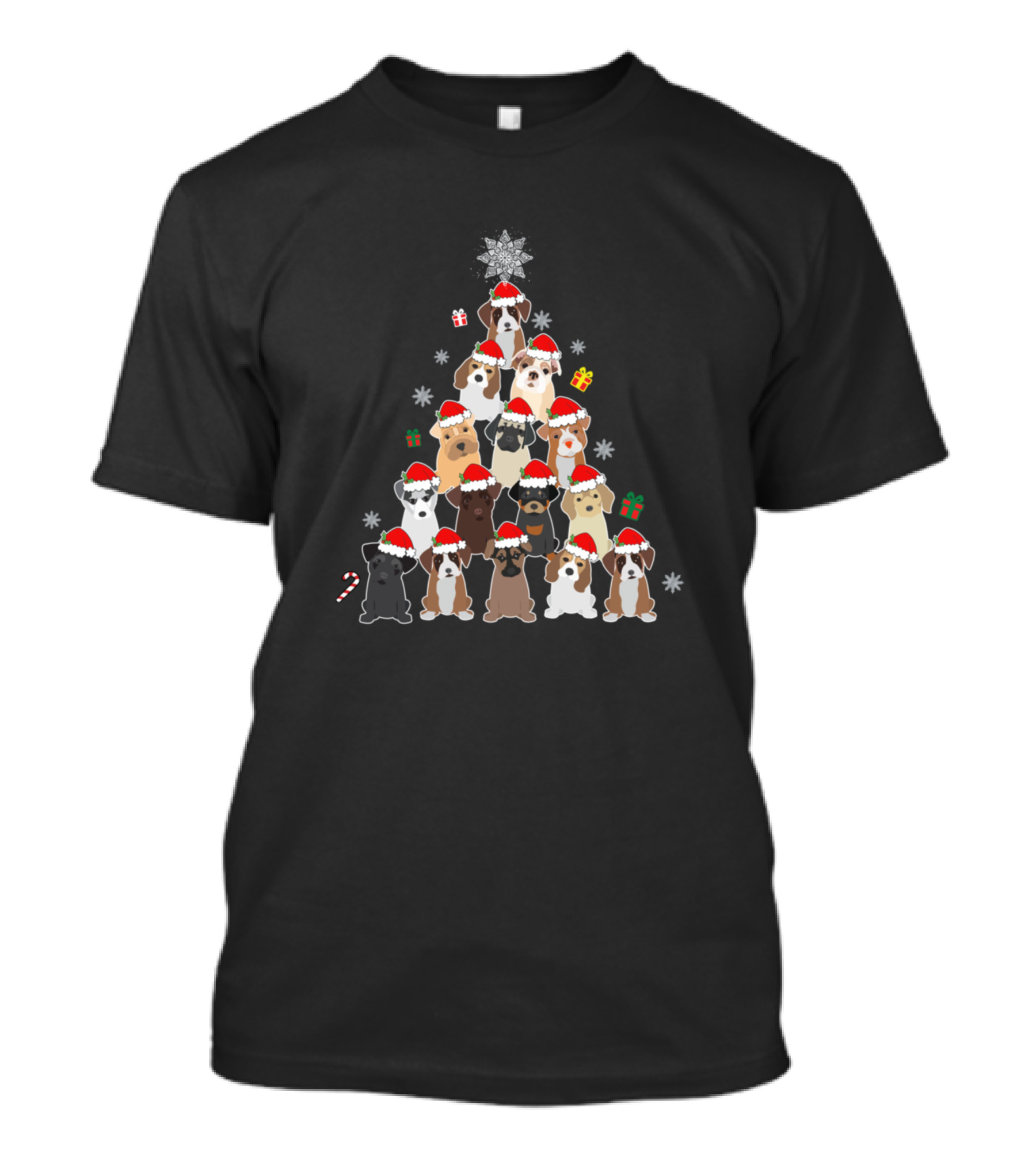 Merry Christmas Dog Lover Holiday Tree With Santa Hats And Gifts T-Shirt
