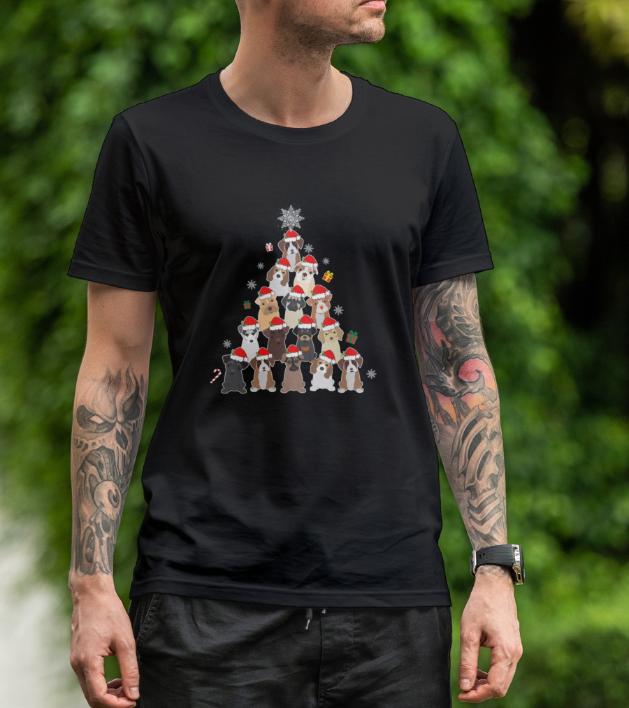 Merry Christmas Dog Lover Holiday Tree With Santa Hats And Gifts T-Shirt