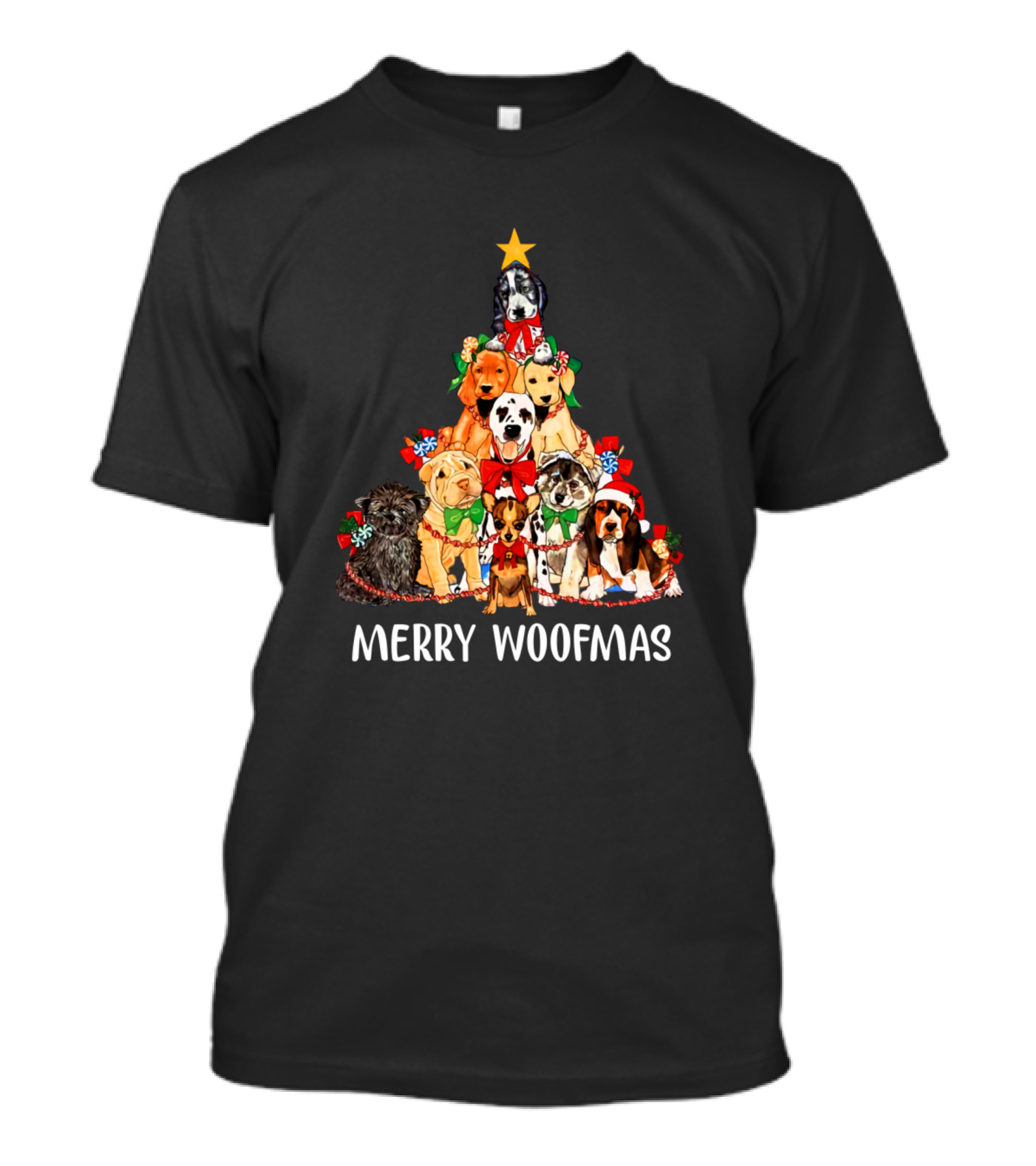 Merry Woofmas Dog Christmas Tree With Festive Puppies And Star Topper T-Shirt
