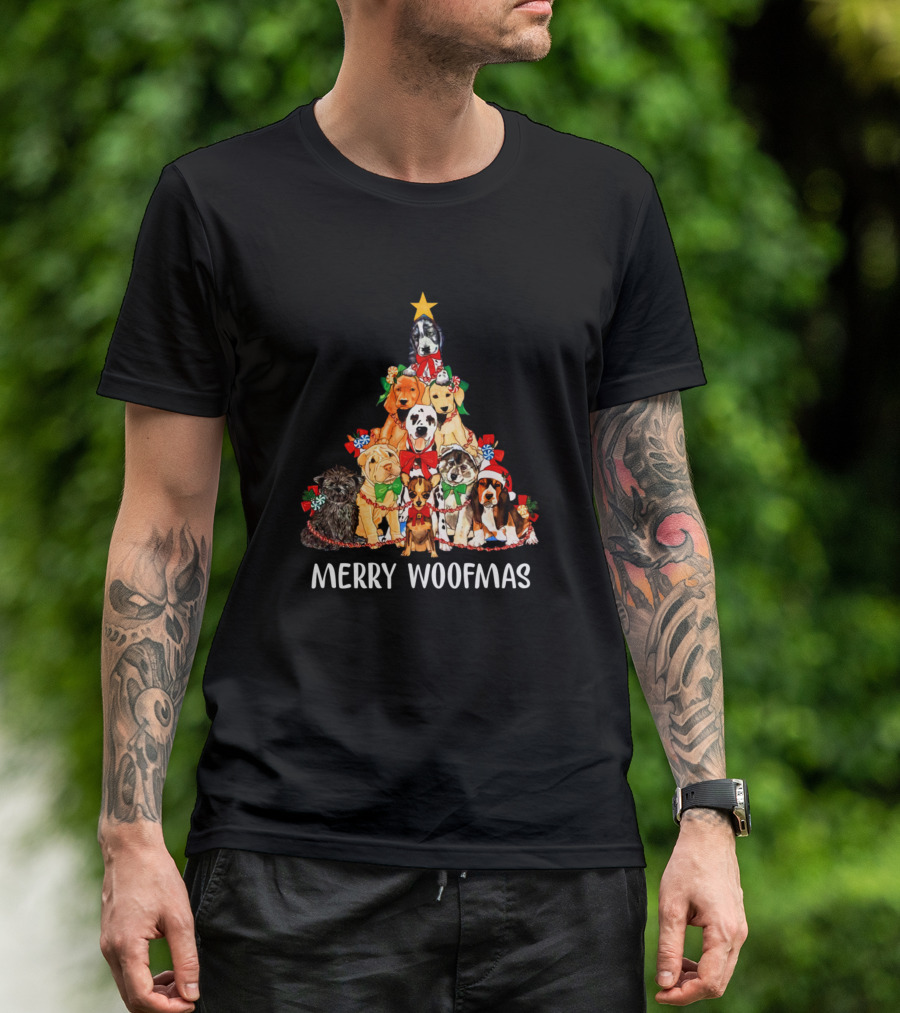 Merry Woofmas Dog Christmas Tree With Festive Puppies And Star Topper T-Shirt