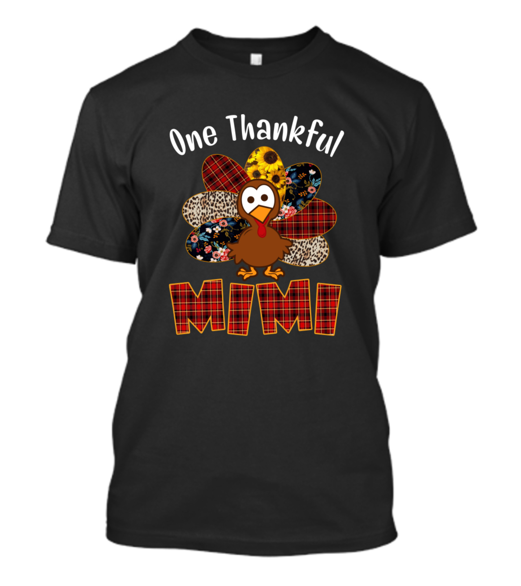 One Thankful Mimi Turkey Patchwork Plaid Leopard Sunflower T-Shirt