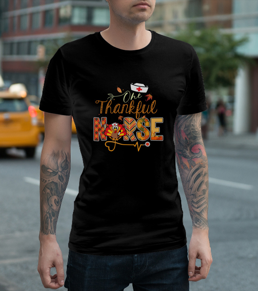 One Thankful Nurse Thanksgiving Turkey Autumn Leaves Nurse Cap T-Shirt