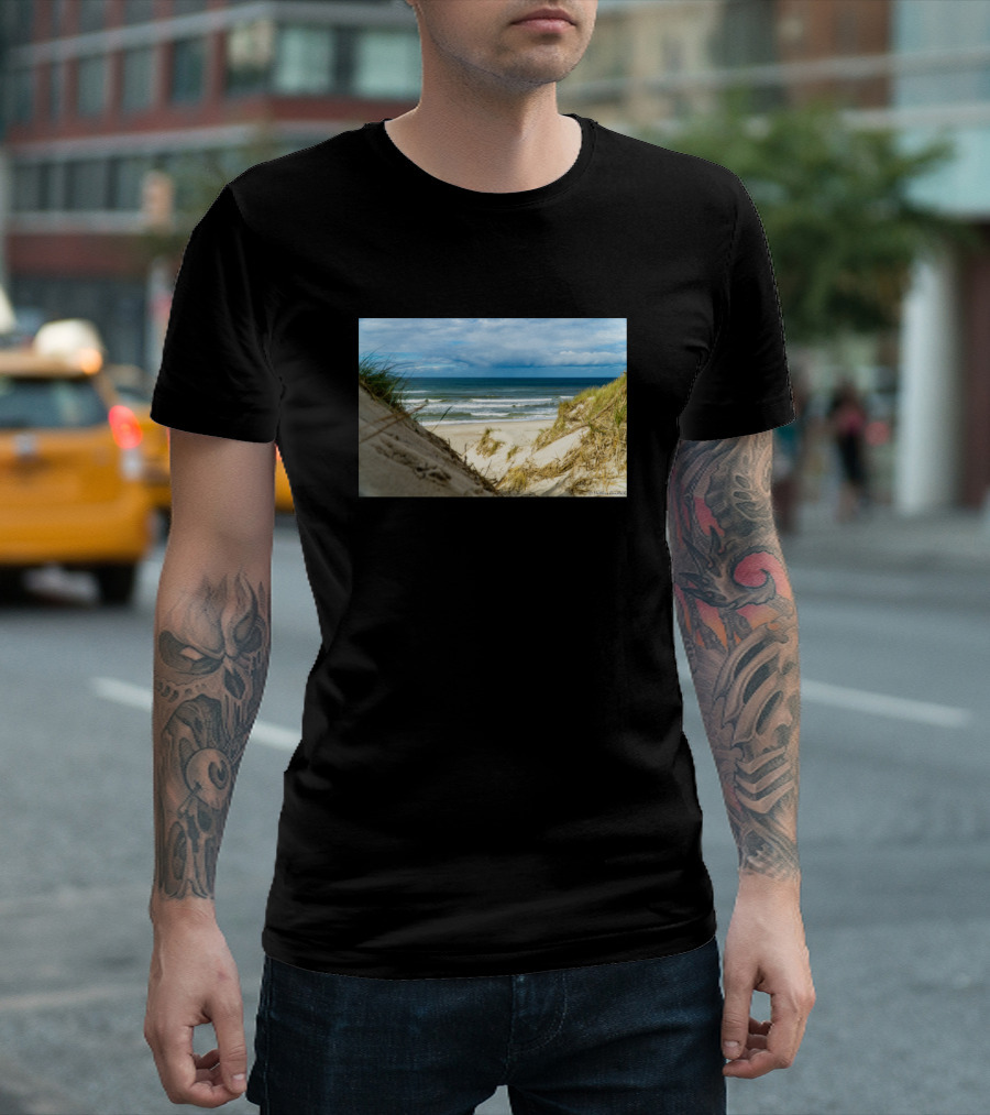 Sand Dune Pathway to North Sea Beach Haurvig Denmark Coastal Scenery T-Shirt