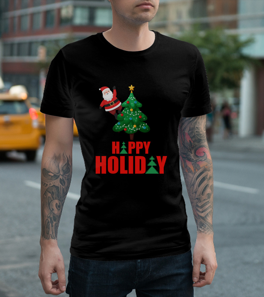 Signature Mens Christmas Raglan Happy Holiday Santa Tree T-Shirt