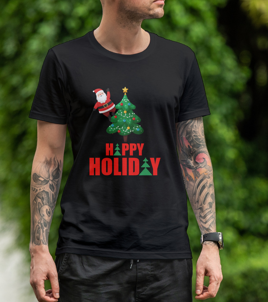 Signature Mens Christmas Raglan Happy Holiday Santa Tree T-Shirt