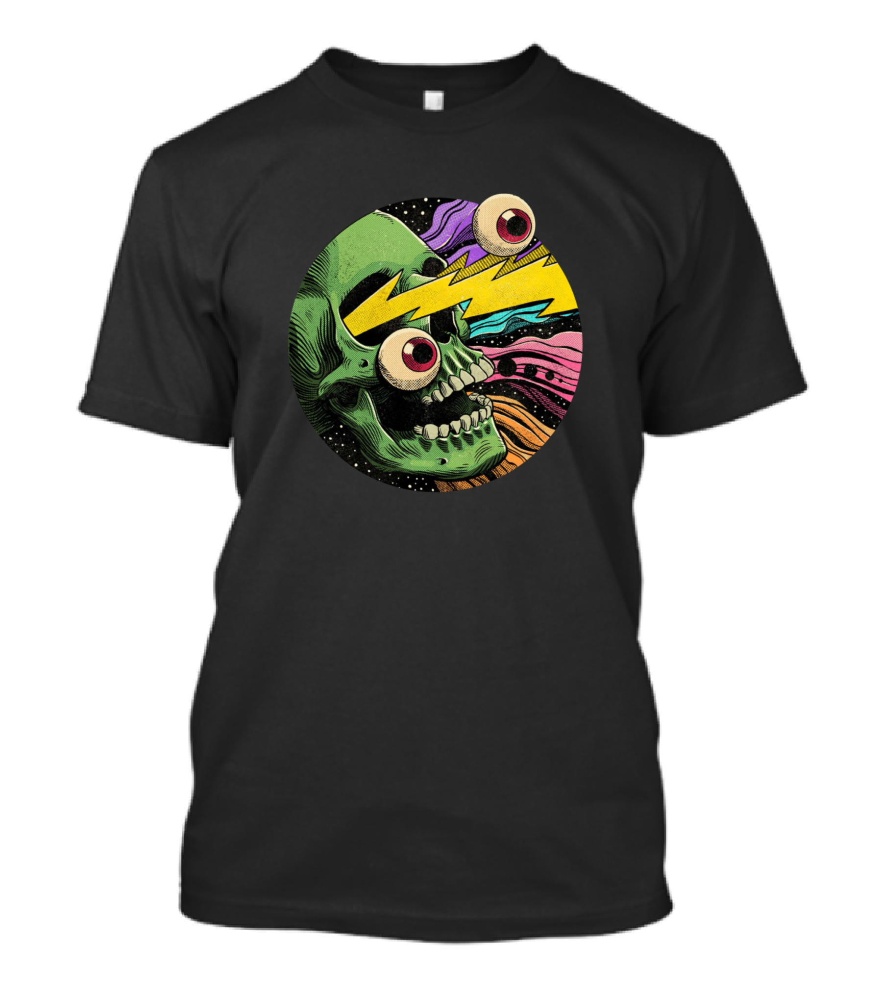 Psychedelic Skull With Lightning Eyes In Cosmic Space T-Shirt