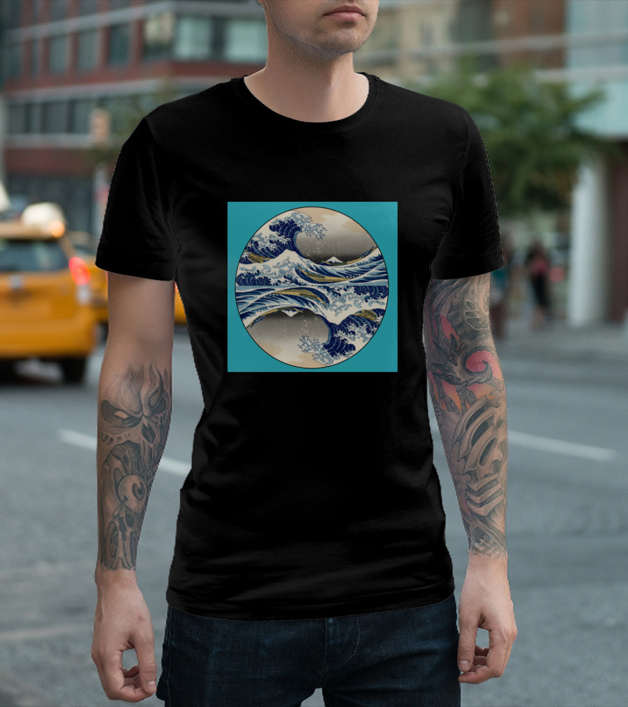 The Wave Hokusai Aqua Background T-Shirt