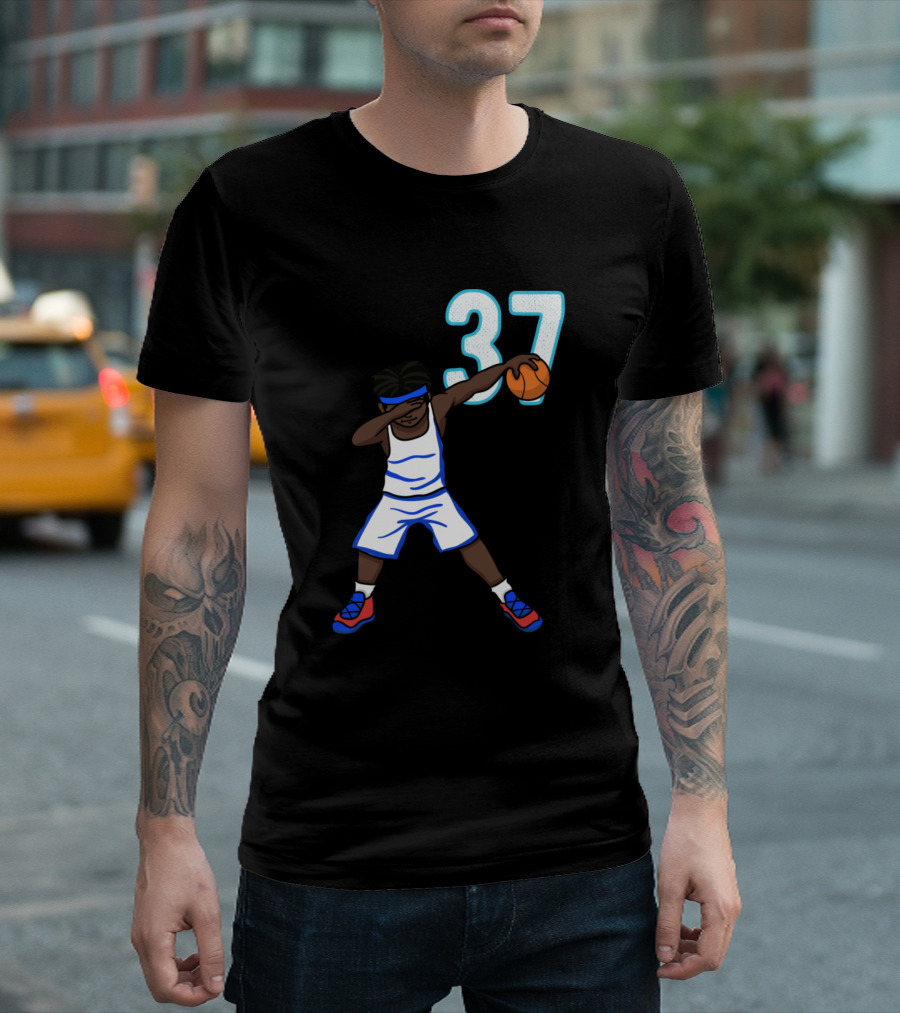 Cool Basketball Baller Bball Player Number 37 Blue Dabbing Action T-Shirt