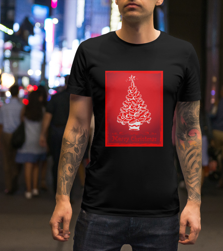 Merry Christmas Greeting Card With Festive Tree And Star T-Shirt