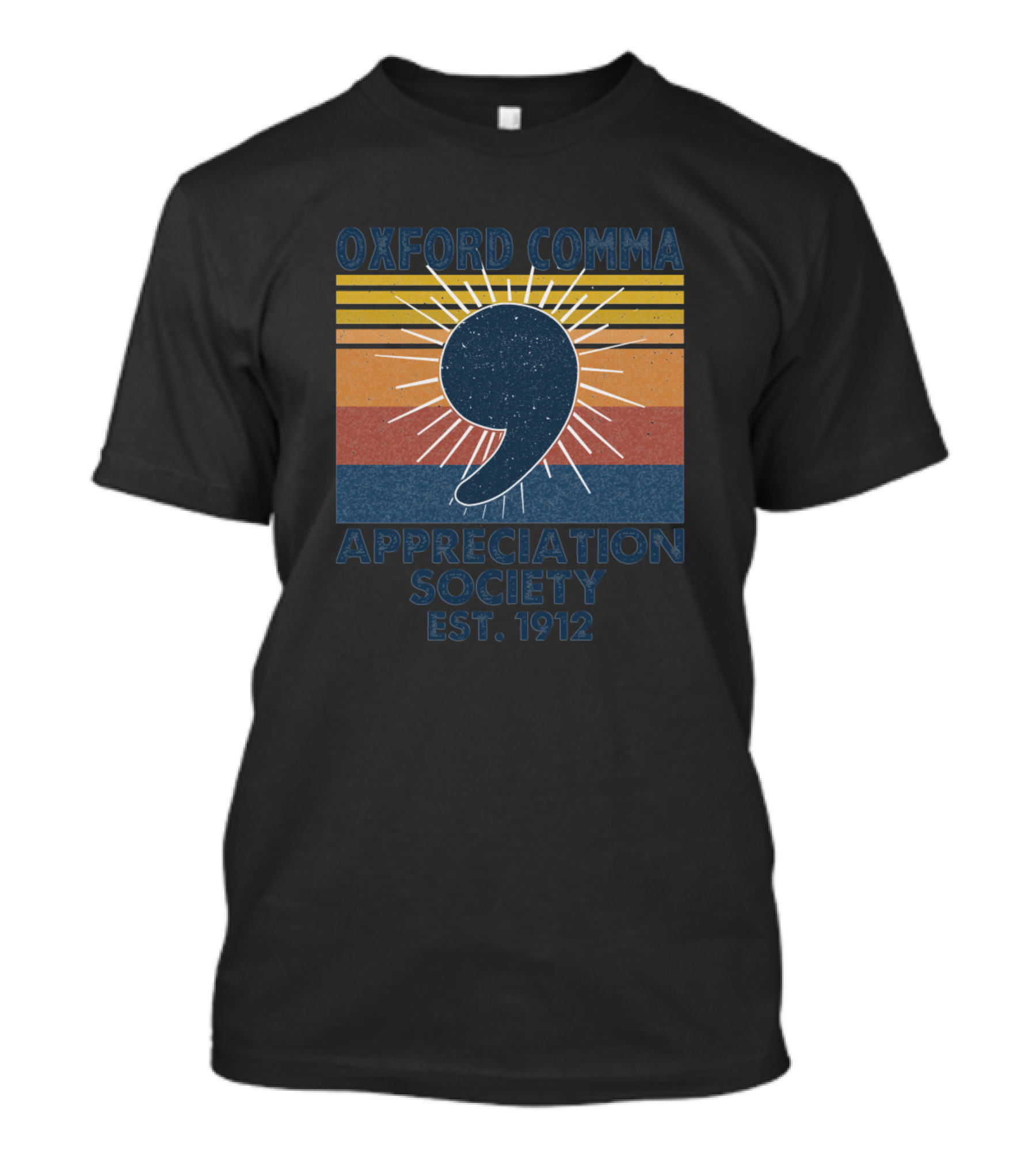 Oxford Comma Appreciation Society Est 1912 Retro Sunset Style Comma T-Shirt