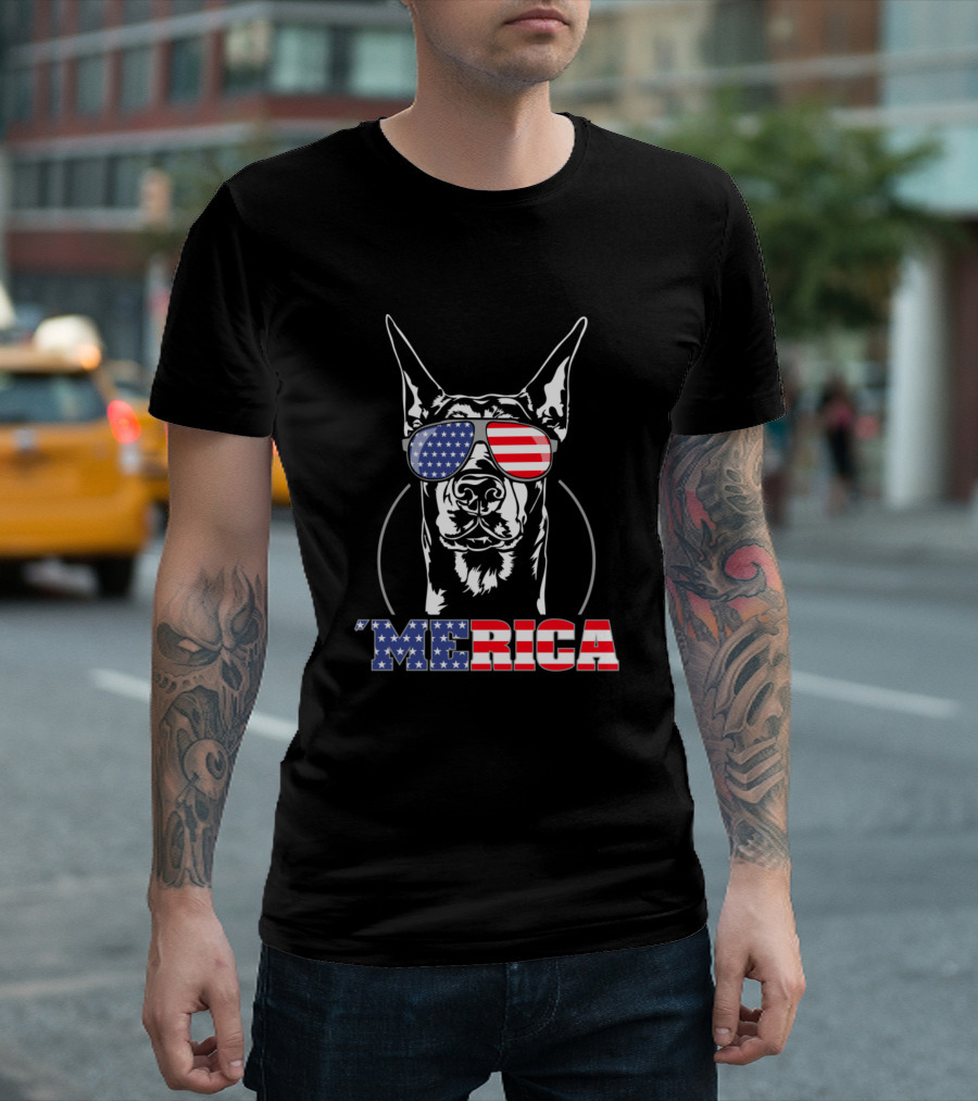 Proud Doberman Pinscher 'Merica American Flag Sunglasses T-Shirt