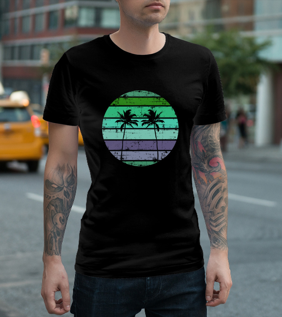 Retro Palm Trees Striped Tropical Sunset T-Shirt