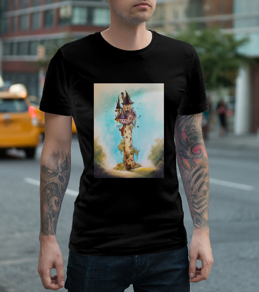 Towertown Whimsical Fantasy Tower in Enchanted Landscape T-Shirt