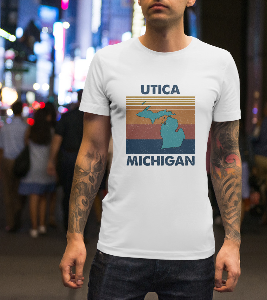 Utica Michigan Vintage Style With Striped Michigan Map T-Shirt