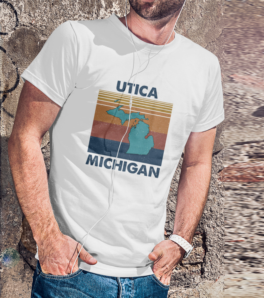 Utica Michigan Vintage Style With Striped Michigan Map T-Shirt