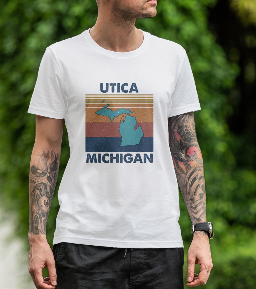 Utica Michigan Vintage Style With Striped Michigan Map T-Shirt