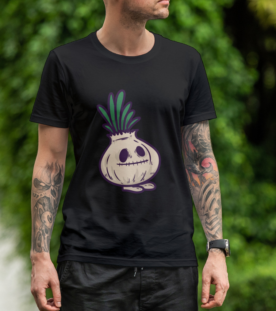 Voodoo Onion Monster With Creepy Face And Green Sprouts T-Shirt