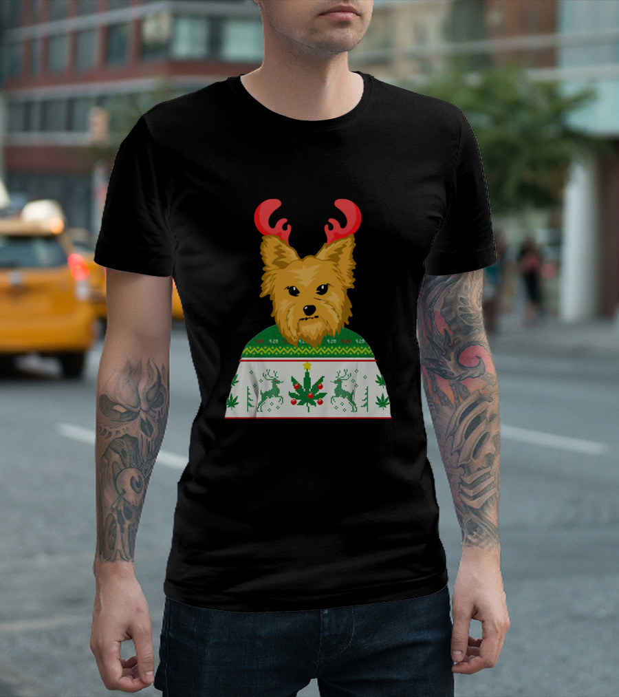 Yorkshire Terrier Reindeer Antlers Ugly Christmas T-Shirt