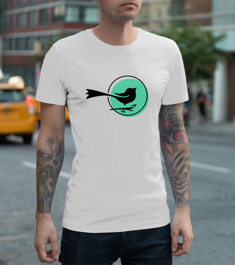 Black Magpie Bird Silhouette on Green Circle Background T-Shirt