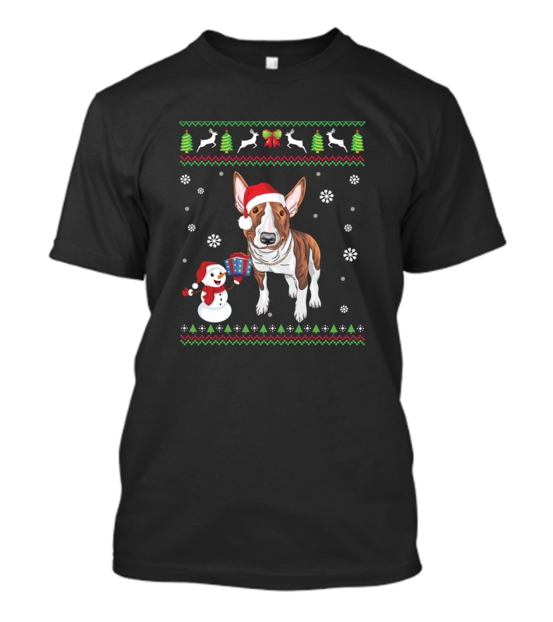 Bull Terrier Dog And Snowman With Santa Hat And Gift Surrounded By Christmas Trees And Snowflakes T-Shirt