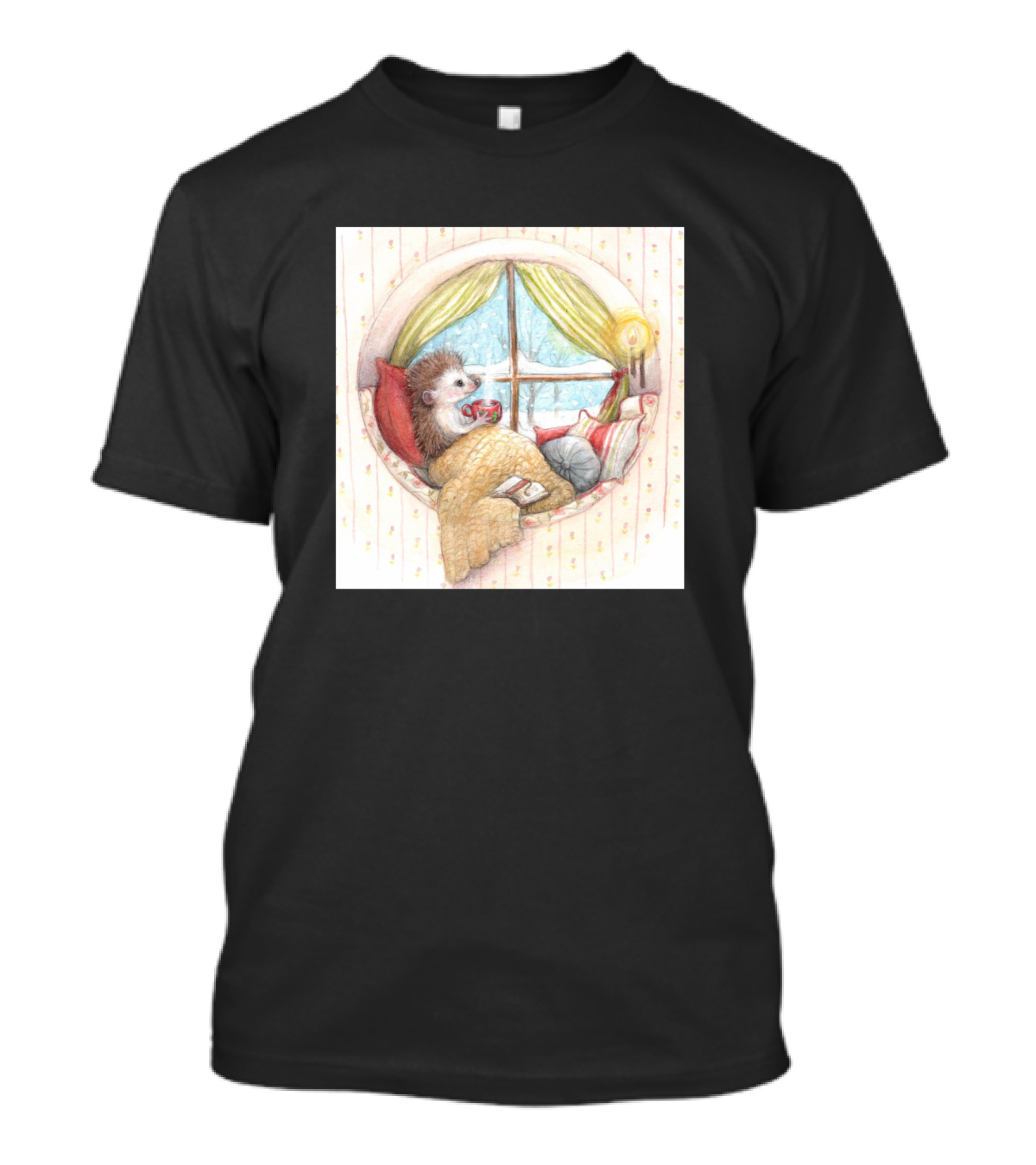 Cosy Hedgehog Relaxing With Tea By The Window On A Snowy Day T-Shirt