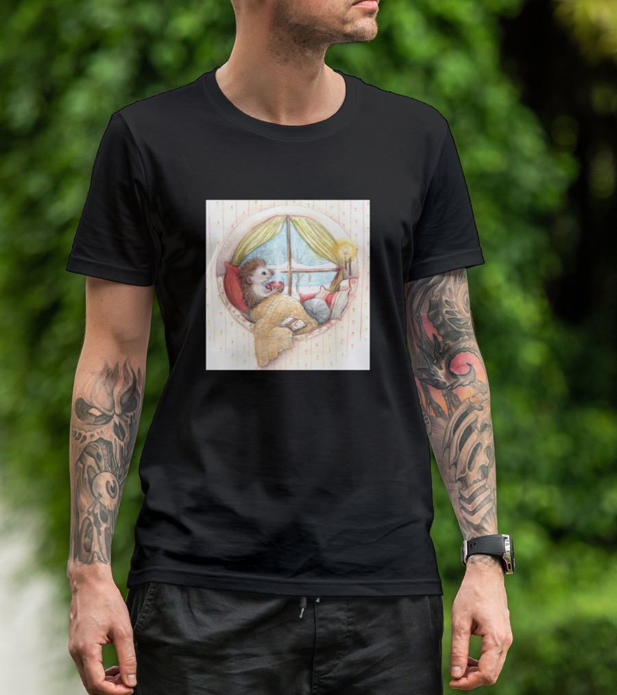 Cosy Hedgehog Relaxing With Tea By The Window On A Snowy Day T-Shirt